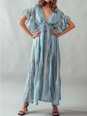 Urban Daizy Cottagecore Prairie Light Blue Embroidered Maxi Dress S Flowy Airy